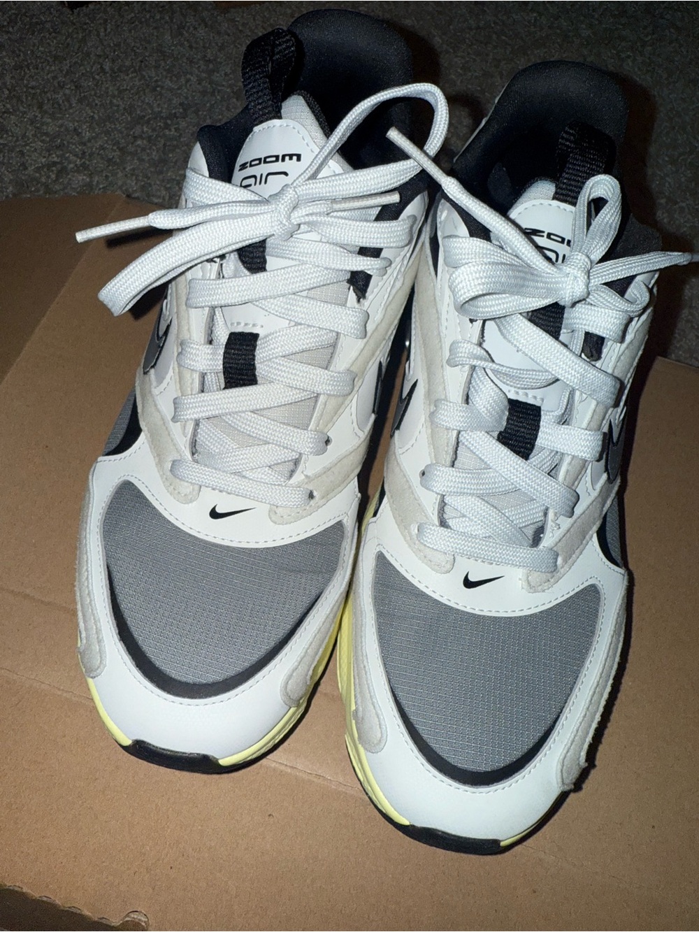 Nike Zoom Air Fire White, Gray & Black Running Sneakers with Yellow Trim
